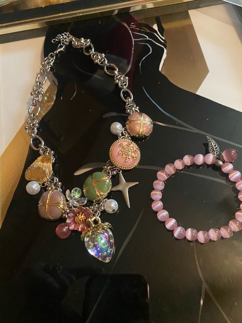 Pink Multi-Charm Women's Necklace and Cats Eye Bracelet Set - Picture 3 of 11